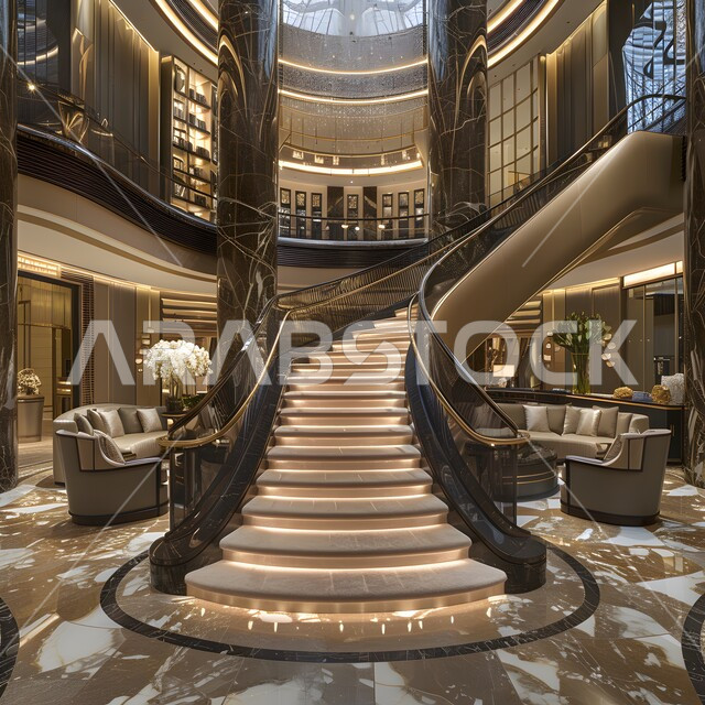 Interior design for stairs in one of the buildings, hotels, and high-floor villas, interior architectural designs for modern and contemporary companies, high-end decorations for facilities in the Kingdom of Saudi Arabia