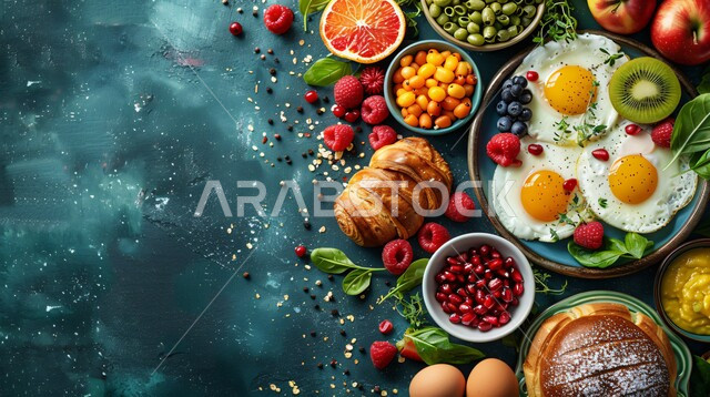 وجبة فطور صباحية مفيدة وسريعة، وجبات ومأكولات للحميات الغذائية، الاومليت اللذيذ المليء بالبروتينات الصحية، سفرة إفطار طازجة ومغذية، طبق البيض المقلي مع الفواكه والخضار المتنوعة