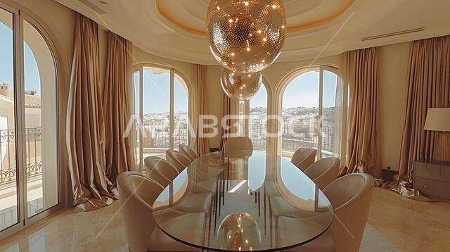 ديكورات داخلية حديثة لغرفة طعام، غرف معيشة بتصاميم عصرية فاخرة، طاولة سفرة مع كراسي أنيقة في الفلل والشقق السكنية، أثاث منزلي راقي للفنادق والمنتجعات في المملكة العربية السعودية