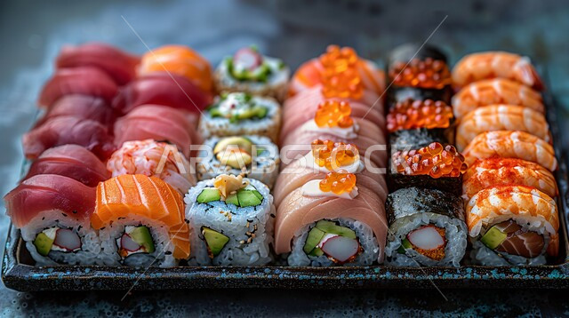 طبق كبير من الأنواع المختلفة للفائف السوشي اللذيذة، مأكولات شعبية آسيوية، أكلات بحرية شهية، وصفات وأطباق طعام لذيذة، وجبات الطعام الصحية والمتنوعة، مطاعم للمأكولات البحرية
