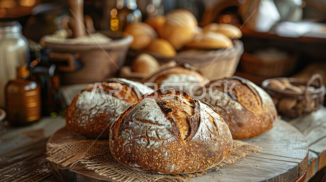 اعداد المعجنات في مخابز السعودية، مخبوزات ساخنة طازجة، فرن عربي شعبي في مخبز بالمملكة العربية، صورة مقربة لأرغفة الخبز السعودي التقليدي أمام موقد الحطب، منتج وطني محلي