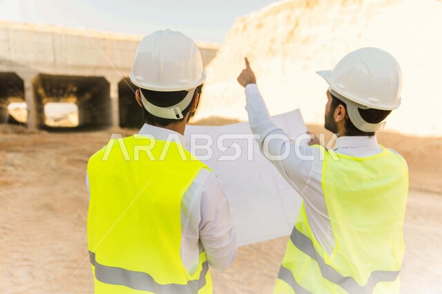 مقاول ومشرف العمل يرتديان خوذة وسترة خاصة بالعمل، عربيان خليجيان سعوديان يناقشان ورقة مخطط البناء ،اشراف ومتابعة العمل ، متابعة استراتيجية المشروع ، التصاميم المعمارية والانشائية