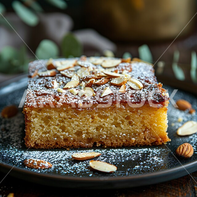 Sweets in delicious ways, famous oriental recipes, restaurants for famous Saudi Arabian Gulf cuisine, a close-up of a piece of almond cake covered in powdered sugar, delicious and healthy popular sweets and dishes, distinctive ways to serve sweets