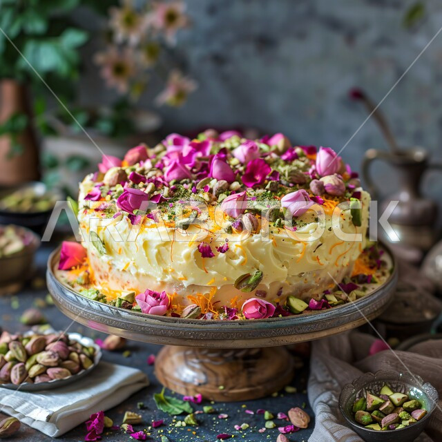 طرائق بوصفة شرقية مشهورة، مطاعم للمأكولات العربية الخليجية السعودية المشهورة، صورة مقربة كعكة الفستق والورد مع صلصة الزعفران والجبن الكريمي، حلويات وأطباق  شعبية لذيذة وصحية، طرق مميزة لتقديم الحلوى، سكريات بوصفات شهية 