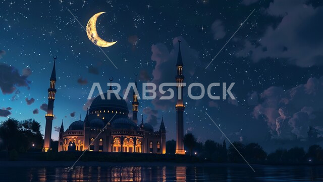 A view of the reflection of moonlight on the water at night, architectural engineering art of mosques, decorations and designs in the Islamic style, worship and closeness to God, performing duties and prayers, illuminated domes and minarets, Ramadan backgrounds and atmosphere