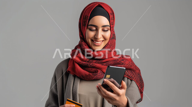 مفهوم توفير الوقت والجهد، بورتريه لامرأة عربية خليجية سعودية مسلمة تستخدم الهاتف الذكي وبطاقة الائتمان للتسوق عبر الإنترنت، استعمال الأجهزة التقنية الحديثة والمتطورة في قضاء الحاجات، شراء أغراض المنزل دون عناء وتعب خلفية رمادية 