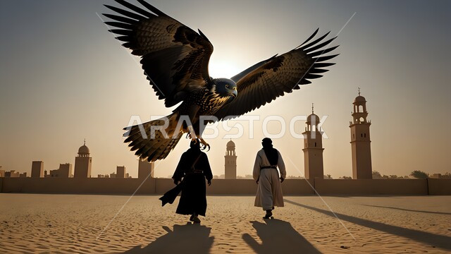 رمز القوة والتحدي وحدة البصر، صورة ظلية لرجل عربي خليجي سعودي وامرأته يمشي بصقر أمام مسجد قديم، تدريب وترويض الطيور الجارحة والمفترسة، الفخر بالتراث السعودي العريق في تربية الصقور، صورة مقربة لطائر الصقر في إحدى المحميات الطبيعية