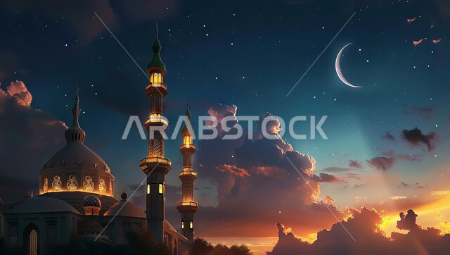 تصاميم توضيحية ثلاثية الابعاد للمآذن والقبب المزخرفه للمساجد الإسلامية وسط الغيوم، الديكورات والتصاميم الهندسية المميزة في رمضان المبارك، أماكن تجمع المسلمين من شتى أنحاء العالم, العبادة والتقرب إلى الله تعالى