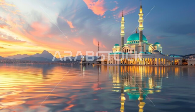 انعكاس صورة المسجد على سطح الماء، السماء المليئة بالغيوم وقت الغروب، القبب و المآذن على الطراز الإسلامي العصري الحديث، نداء المسلمين لأداء الصلوات, الديكورات والتصاميم الهندسية المعمارية لبناء المساجد في السعودية، مشهد أماكن ومعالم اسلامية مقدسة