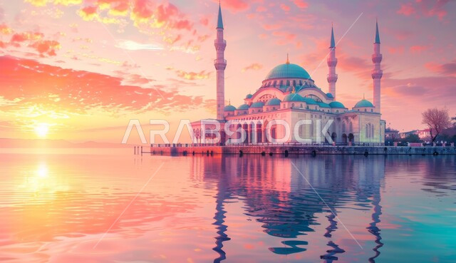 مشهد أماكن ومعالم اسلامية مقدسة، السماء المليئة بالغيوم وقت الغروب، القبب و المآذن على الطراز الإسلامي العصري الحديث، نداء المسلمين لأداء الصلوات, انعكاس صورة المسجد على سطح الماء، الديكورات والتصاميم الهندسية المعمارية لبناء المساجد في السعودية