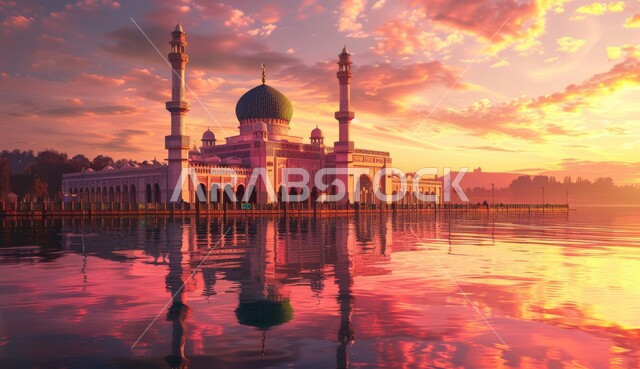 Cloudy sky at sunset, domes and minarets in modern Islamic style, Muslims call to prayer, view of Islamic holy places and landmarks, decorations and architectural designs of mosques in Saudi Arabia, reflection of mosque on water surface