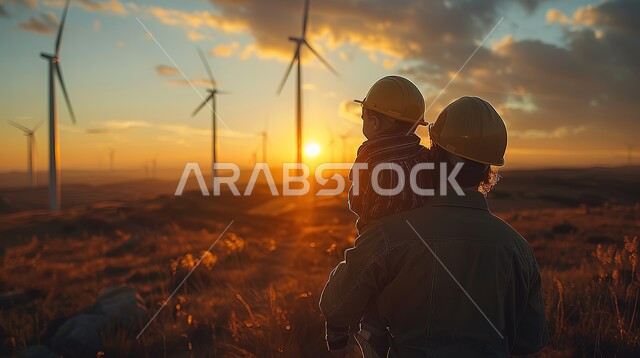 فحص المشروع في موقع مزرعة الرياح عند غروب الشمس في وقت المساء، صورة ظلية من الخلف للأب والابن يرتديان خوذة الحماية، مفهوم استخدام الطاقات المتجددة صديقة البيئة، التنمية المستدامة بالطاقة البديلة في المملكة العربية السعودية، حقول توربينات الرياح وطواحين الهواء