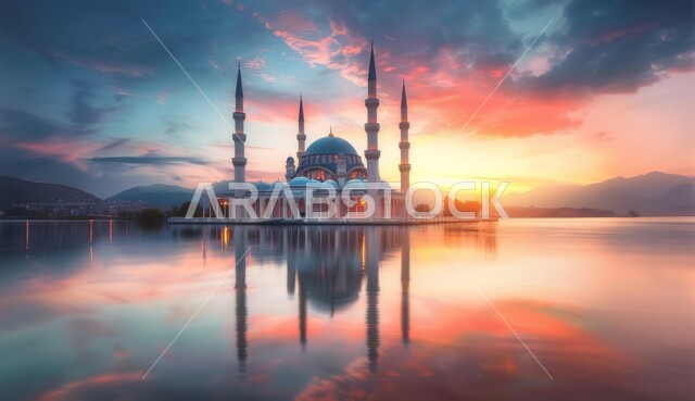 القبب و المآذن على الطراز الإسلامي العصري الحديث، انعكاس صورة المسجد على سطح الماء، السماء المليئة بالغيوم وقت الغروب, الديكورات والتصاميم الهندسية المعمارية لبناء المساجد في السعودية، مشهد أماكن ومعالم اسلامية مقدسة، نداء المسلمين لأداء الصلوات