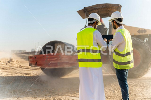 تصوير من الخلف لمقاول ومشرف العمل يرتديان خوذة وسترة خاصة بالعمل، عربيان خليجيان سعوديان يستخدمان الحاسوب المحمول في موقع العمل ، مناقشة العمل ،اشراف ومتابعة العمل ، متابعة استراتيجية المشروع ، التصاميم المعمارية والانشائية