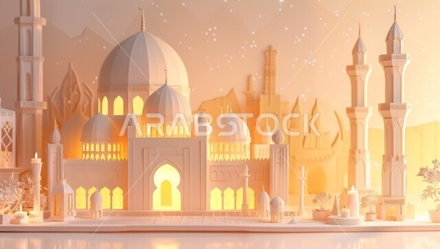 Architectural engineering art in the Islamic style, glowing Islamic models, 3D model of a mosque with Arabic designs, performing acts of worship and getting closer to God Almighty, enhancing psychological stability and spirituality, holy Islamic places in the Kingdom of Saudi Arabia
