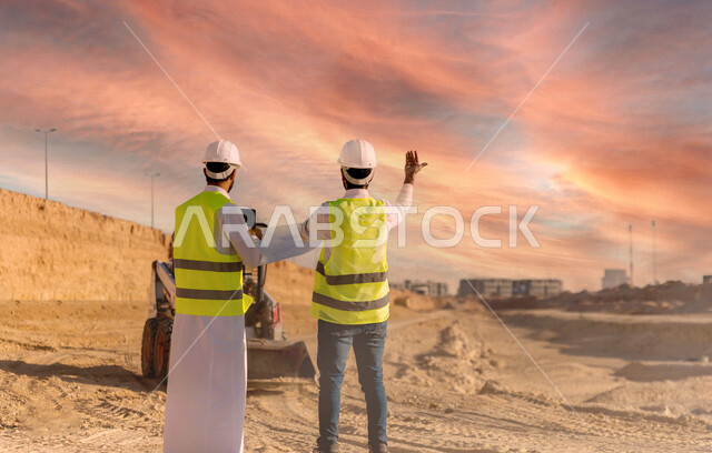 A contractor and a work supervisor wearing a work helmet and jacket, two Saudi Arabian Gulf nationals discussing at the work site, supervision and follow-up of work, follow-up of the project strategy, architectural and construction designs