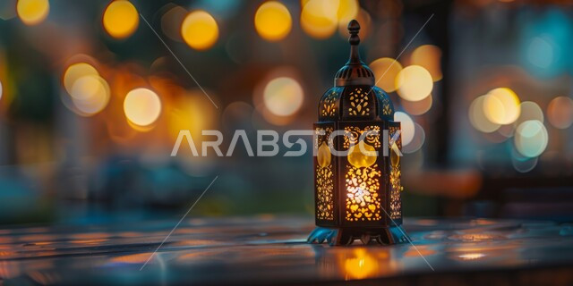 تحف اسلامية تقليدية للاحتفال بقدوم شهر الخير، فانوس معدني مزخرف مضيئ، تصاميم وديكورات في الأجواء الرمضانية الروحانية، أنوار ومصابيح عربية تقليدية, مفهوم العبادة والطاعة والتقرب من الله, الفن الاسلامي للزينة والاكسسوارات العربية
