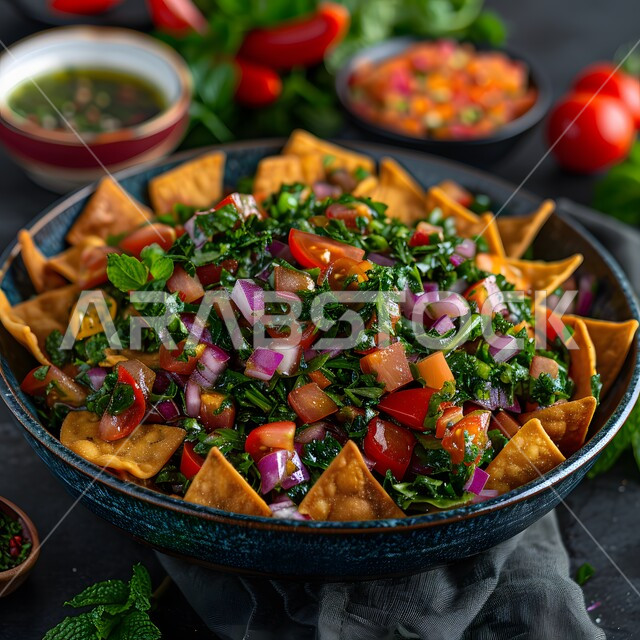 سلطات صيفية منعشة، فنون تقديم الطعام في مطاعم المملكة العربية السعودية، المأكولات الشرقية الشهية، وصفات الاطعمة التقليدية، وجبات وأطباق شعبية، صورة مقربة لطبق من السلطة مع رقائق البيتا