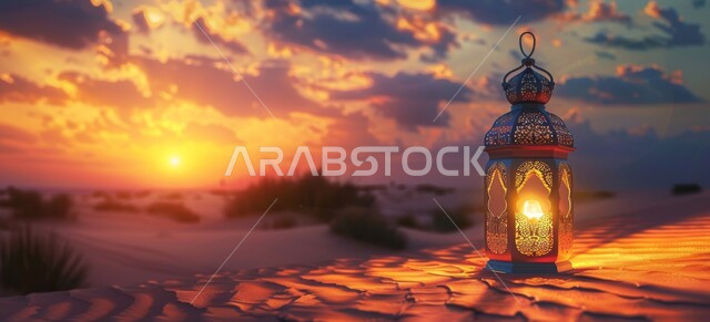 إضاءة وزينة شهر رمضان المبارك، أجواء رمضانية روحانية إسلامية، فانوس معدني مزخرف على الرمال الذهبية الناعمة في الصحراء، تحف وديكورات تقليدية للاحتفال بقدوم شهر الخير، الفن الاسلامي للزينة والاكسسوارات العربية, خلفية غروب الشمس