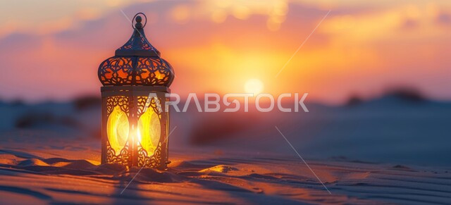 Lamps and lights in the spiritual Ramadan atmosphere, traditional artifacts and accessories to celebrate the arrival of the month of goodness, decorated metal Arabic lantern on the soft golden sands in the desert, lighting and decoration of the holy month of Ramadan, sunset background