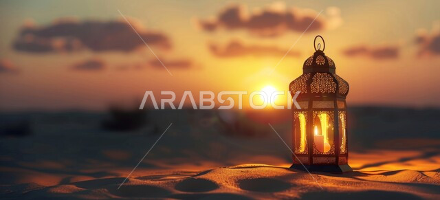 العادات والتقاليد العربية في زينة الأعياد والمناسبات الدينية، تحف وديكورات تقليدية للاحتفال بقدوم شهر رمضان المبارك، أجواء رمضانية وروحانية إسلامية، فانوس عربي معدني مزخرف وسط الرمال الذهبية، خلفية غروب الشمس في الصحراء