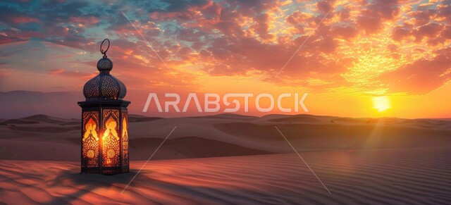 فانوس معدني مزخرف مضيء وسط الرمال تحت شحرة نخيل عند غروب الشمس، الكثبان الرملية والبيئة الصحراوية في المناطق البرية للمملكة العربية السعودية، زينة إضاءة الاعياد والمناسبات الدينية، تحف إسلامية عريقة، خلفية طبيعية