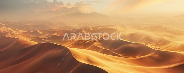 مناطق البادية والبيئة الطبيعية الصحراوية في وقت النهار, التشكلات و التكوينات الرملية في صحراء المملكة العربية السعودية، التلال و الهضاب من الرمال الناعمة الذهبية، المرتفعات و التضاريس والقمم الجبلية في البراري، خلفية الطبيعة