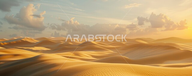 التشكلات و التكوينات الرملية في صحراء المملكة العربية السعودية، التلال و الهضاب من الرمال الناعمة الذهبية، المرتفعات و التضاريس والقمم الجبلية في البراري، مناطق البادية والبيئة الطبيعية الصحراوية في وقت النهار ,خلفية الطبيعة