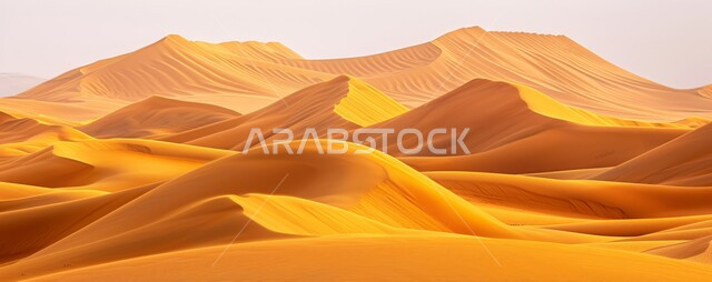 التلال و الهضاب من الرمال الناعمة الذهبية، التشكلات و التكوينات الرملية في صحراء المملكة العربية السعودية، المرتفعات و التضاريس والقمم الجبلية في البراري، مناطق البادية والبيئة الطبيعية الصحراوية في وقت النهار ,خلفية الطبيعة
