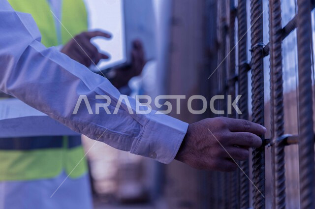 Close-up photography of the work supervisor's hand, a Saudi Arabian Gulf engineer, who inspects iron columns, supervises and follows up work, and follows up on the project's strategy