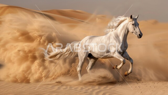 Purebred white Arabian horse galloping on soft golden sand, following the ancestors' traditions of caring for, raising and caring for horses, horse riding activities and events in Saudi Arabia, natural rock formations and formations in the desert