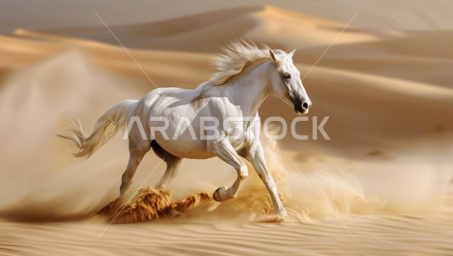 اتباع تقاليد الأجداد برعاية وتربية الجياد والاهتمام بها, خيل عربي أصيل أبيض يجري بسرعة على الرمال الذهبية الناعمة, التشكيلات والتكوينات الصخرية الطبيعية في الصحراء, أنشطة وفعاليات ركوب الأحصنة في المملكة العربية السعودية