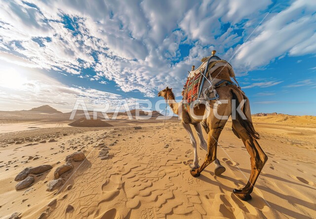 الاهتمام ورعاية المواشي والثديات في الصحاري، تربية الجمال والابل في المحميات الطبيعية في المملكة العربية السعودية, التلال و الكثبان الرملية, السماء المليئة بالغيوم, الرمال الذهبية الناعمة، صورة بانورامية من الخلف لجمل عربي أصيل يسير وسط الصحراء في النهار