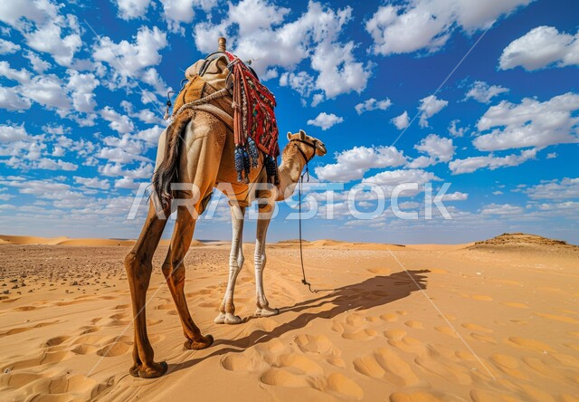 التلال و الكثبان الرملية, الرمال الذهبية الناعمة، صورة بانورامية من الخلف لجمل عربي أصيل يسير وسط الصحراء في النهار، السماء المليئة بالغيوم، الاهتمام ورعاية المواشي والثديات في الصحاري، تربية الجمال والابل في المحميات الطبيعية في المملكة العربية السعودية