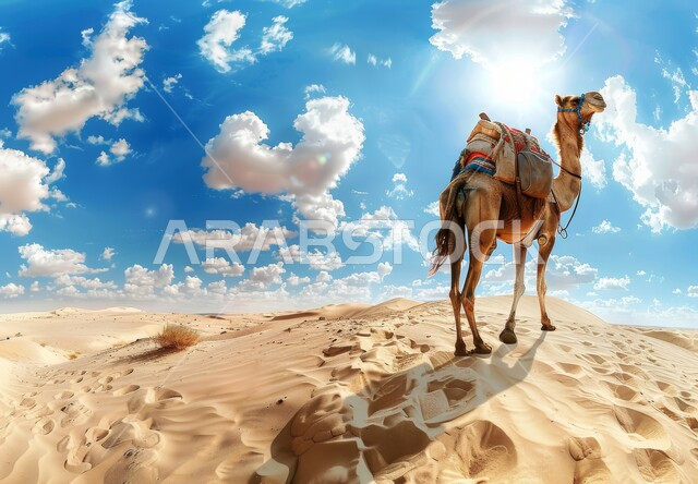Soft golden sand, camel breeding in nature reserves in Saudi Arabia, panoramic photo of a purebred Arabian camel walking in the desert during the day, hills and sand dunes, cloudy sky, care and maintenance of livestock and mammals in deserts