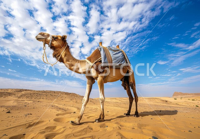  تربية الجمال والابل في المحميات الطبيعية في المملكة العربية السعودية، صورة بانورامية لجمل عربي أصيل يسير وسط الصحراء في النهار، التلال و الكثبان الرملية، الرمال الذهبية الناعمة، الاهتمام ورعاية المواشي والثديات في الصحاري, السماء المليئة بالغيوم