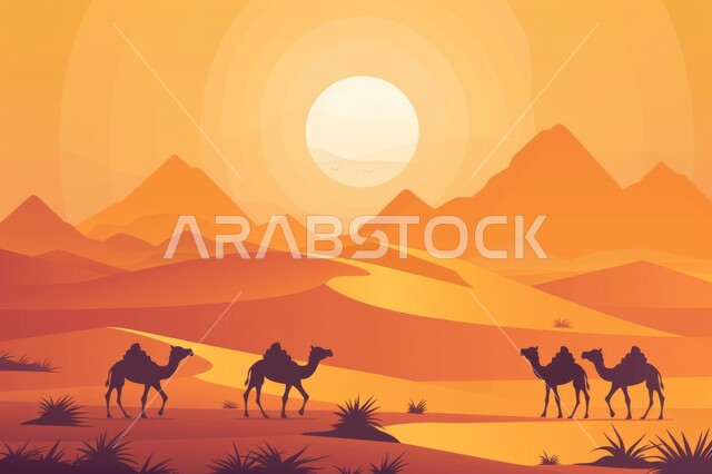 مشهد غروب الشمس على الكثبان الرملية في المناطق الصحراوية، تربية الجمال والإبل، الاهتمام برعاية المواشي والثدييات، حيوانات التنقل والسفر في القدم في المملكة العربية السعودية، صورة ظلية  لقافلة من حيوان الجمل تمشي في الصحراء، سيلويت