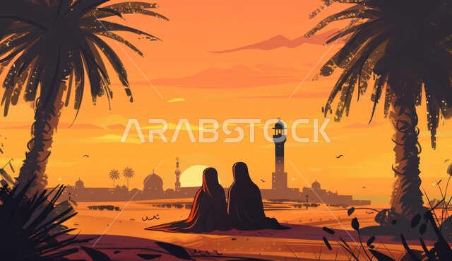 الاهتمام بزراعة أشجار النخيل، صورة ظلية من الخلف لامرأتان عربيتان خليجيتان سعوديتان تجلسان على الرمال الذهبية الناعمة، المناطق الطبيعية بالمملكة العربية السعودية وقت غروب الشمس، القبب والمآذن الشامخة لمساجد الإسلام، الكثبان الرملية في المناطق الصحراوية، سالوليت