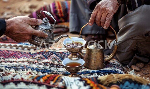 The concept of good reception according to authentic customs and traditions, enjoying hot drinks, a close-up image of a Saudi Arabian Gulf man pouring Arabic coffee into a cup, ancient Arab customs in serving coffee, ancient methods of hospitality