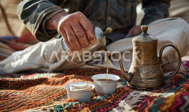 أساليب عريقة في كرم الضيافة, مفهوم حسن الإستقبال وفق العادات والتقاليد الأصيلة, الاستمتاع بالمشروبات الساخنة، صورة مقربة لرجل عربي سعودي خليجي يقوم بصب القهوة العربية في الفنجان، العادات العربية القديمة في تقديم القهوة