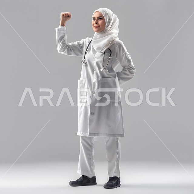 تقديم الخدمات العلاجية في المستشفيات والمراكز الصحية، العمل في القطاع الطبي، بورتريه لطبيبة عربية خليجية سعودية محجبة ترتدي المعطف الابيض ترفع يدها للاعلى بإيماءات القوة والتغلب على الأمراض، مهن ووظائف نسائية، صورة الجسم بالطول الكامل، خلفية رمادية
