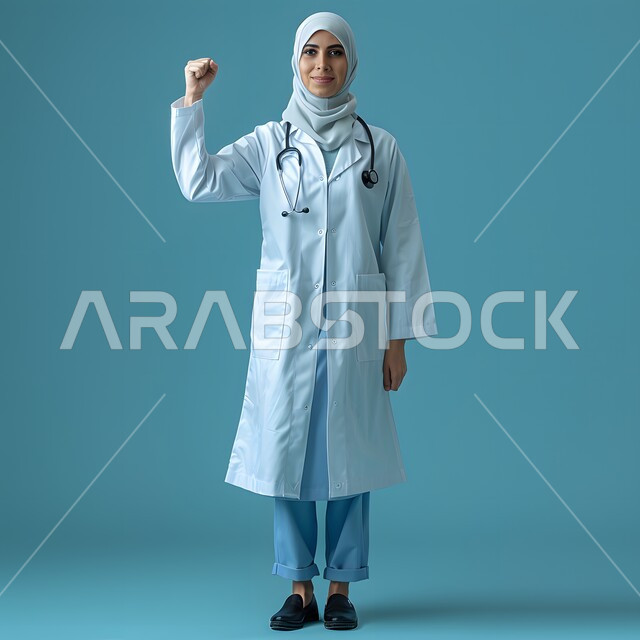 تقديم الخدمات العلاجية في المستشفيات والمراكز الصحية، العمل في القطاع الطبي، بورتريه لطبيبة عربية خليجية سعودية محجبة ترتدي المعطف الابيض تنظر الى الكاميرا ترفع يدها للاعلى بإيماءات القوة والتغلب على الأمراض، صورة الجسم بالطول الكامل، خلفية زرقاء