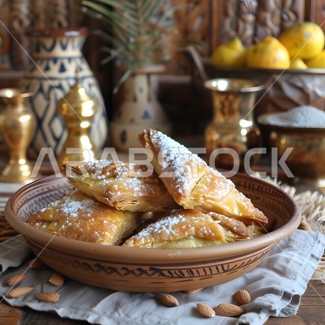 معجنات ومخبوزات عربية لذيذة طازجة، وجبات وأطباق شعبية، المأكولات الشرقية الشهية، وصفات الاطعمة التقليدية، فنون تقديم الطعام في مطاعم المملكة العربية السعودية، صورة مقربة لطبق من الفطائر