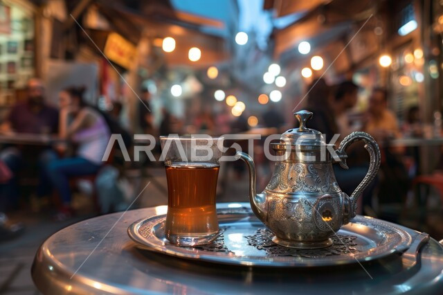 الاستمتاع بالمشروبات الساخنة، العادات والتقاليد العربية الأصيلة، مفهوم كرم الضيافة وحسن الاستقبال، صورة مقربة لإبريق شاي معدني مزين بزخارف أرابيسك مع كوب زجاجي، المحاصيل و المنتجات المحلية الوطنية في المملكة العربية السعودية