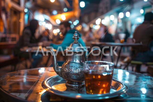 المحاصيل و المنتجات المحلية الوطنية في المملكة العربية السعودية، الاستمتاع بالمشروبات الساخنة، العادات والتقاليد العربية الأصيلة، مفهوم كرم الضيافة وحسن الاستقبال، صورة مقربة لإبريق شاي معدني مزين بزخارف أرابيسك مع كوب زجاجي