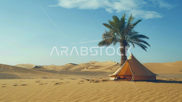 Popular Bedouin tent in the middle of the desert, having a good time camping in the deserts of Saudi Arabia, a youth desert session under a palm tree, the terrain and soft golden sand in broad daylight, tourist camps in the wilderness areas