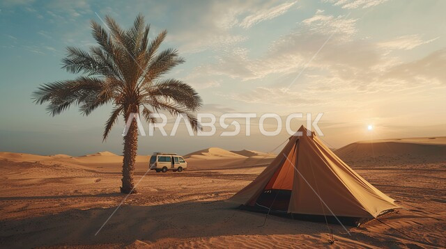 خيمة بدوية شعبية وسط الصحراء، قضاء أوقات ممتعة بالتخييم في صحاري المملكة العربية السعودية, جلسة بر شبابية تحت شجرة نخيل، التضاريس والرمال الذهبية الناعمة في وضح النهار، مخيمات سياحية في المناطق البرية