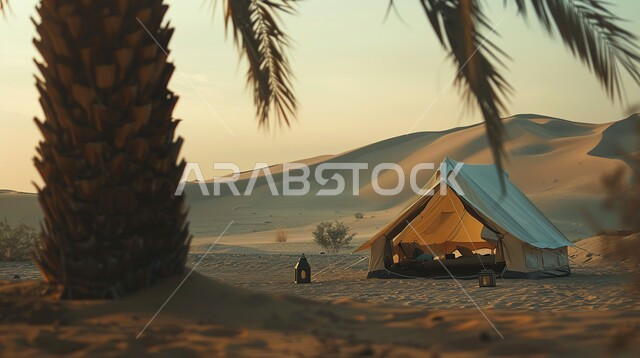 خيمة بدوية شعبية وسط الصحراء، قضاء أوقات ممتعة بالتخييم في صحاري المملكة العربية السعودية, جلسة بر شبابية تحت شجرة نخيل، التضاريس والرمال الذهبية الناعمة في وضح النهار، مخيمات سياحية في المناطق البرية