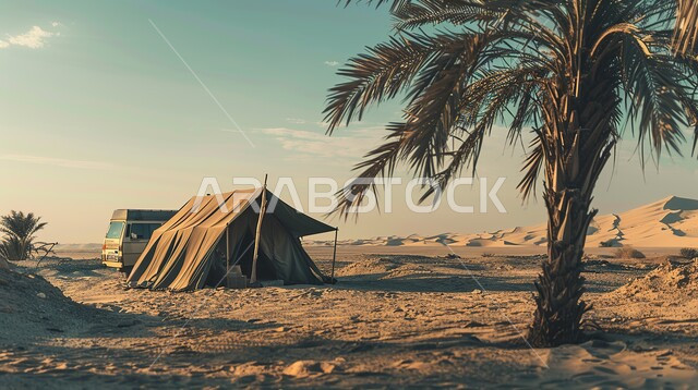 خيمة بدوية شعبية وسط الصحراء، قضاء أوقات ممتعة بالتخييم في صحاري المملكة العربية السعودية, جلسة بر شبابية تحت شجرة نخيل، التضاريس والرمال الذهبية الناعمة في وضح النهار، مخيمات سياحية في المناطق البرية