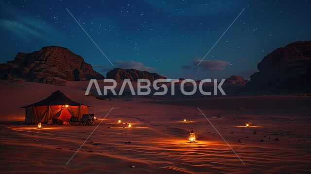 خيمة بدوية شعبية وسط الصحراء، قضاء أوقات ممتعة بالتخييم في صحاري المملكة العربية السعودية, جلسة بر شبابية تحت شجرة نخيل، التضاريس والرمال الذهبية الناعمة في وضح النهار، مخيمات سياحية في المناطق البرية
